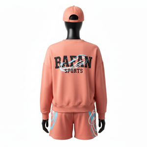 Conjunto de Sudadera y Pantalones Cortos para Mujer, 100% Algodón, Mezcla de Algodón Grueso, 280 GSM, Tacto Suave, Color Melocotón, Logotipo Estampado en Relieve - Product Image 2