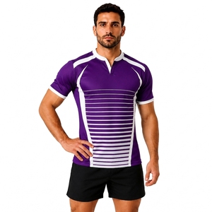 Maillot de rugby à manches courtes rayé violet pour homme, col en V, respirant, ajusté, pour les sports d'équipe et l'entraînement - Product Image 1