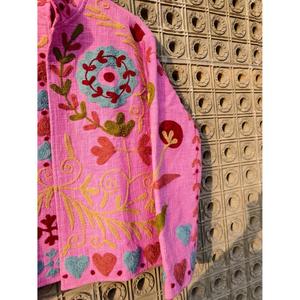 Boho Pink Embroidered Quilted Jacket For Women Handmade Floral Cotton Coat Vintage Ethnic Oversized Winter <b>Cardigan</b> - Product Image 4