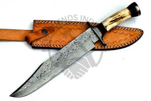 มีดโบวี่เหล็กดามัสกัสทำมือ ด้ามเขาสัตว์ ใบมีด 9.5 นิ้ว ใช้ได้ทั้งมือซ้ายและขวา พร้อมปลอกมีด คมพิเศษ ทนทาน เหมาะสำหรับการตั้งแคมป์แบบนอร์ดิก - Product Image 2