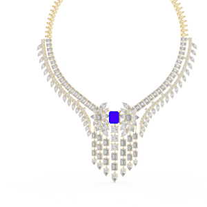 Yellow Gold Lab Grown Diamond & Blue Sapphire <b>Statement</b> <b>Necklace</b> for Women | Luxury Bridal Wedding Fine Jewelry Gift - Product Image 4