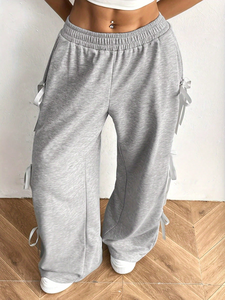 <span class=keywords><strong>Pantaloni</strong></span> da donna <span class=keywords><strong>eleganti</strong></span> a gamba larga con drappeggio laterale e fiocco, casual autunno/inverno, a vita alta e taglio dritto - Product Image 3
