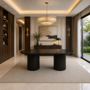 Ensemble de salle à manger contemporain en teck Milano, table ovale de qualité supérieure, base cylindrique à lattes, 6 chaises rembourrées, restaurant, hôtel - Product Image 3