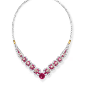 Platinum Diamond <b>Necklace</b> With <b>Ruby</b> Accents Princess Cut Natural Diamonds Luxury Women's Wedding Jewelry - Product Image 1