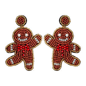 Boucles d'oreilles pendantes pour femme, faites main, brodées de perles de rocaille motif gâteau au gingembre, luxe léger, style bohème moderne et tendance, pour mariage, événement et fête - Product Image 1