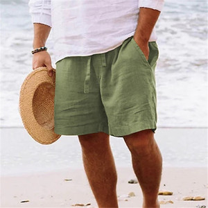 Men's Solid Color Linen Bermuda Shorts Mid Waist Drawstring Casual Beach Wear Breathable With Pockets - Product Image 4