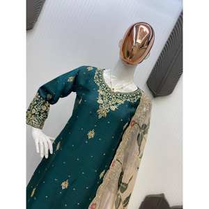 Conjunto de Traje de Fiesta Verde para Mujer de Diseñador LG, Top y Pantalón con Dupatta Elegante, 700g, Talla M - Product Image 4