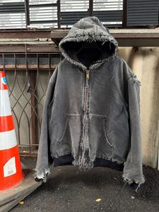 Men's Grey Acid Wash Zip Up <b>Hoodie</b> Oversized Distressed <b>Grunge</b> Streetwear Jacket - Product Image 1