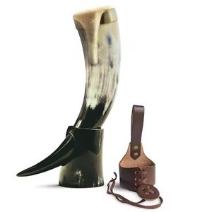 Cuerno Natural con Soporte de Cuero, Cuerno para Beber con Base de Cuero, Estilo Artesanal Pulido para Navidad, Cuerno Animal Único. - Product Image 2