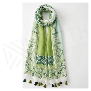 Pañuelo de Chifón para Mujer, Estampado Geométrico, Estilo Étnico, Largo, Multifuncional, para Uso Diario en Todas las Estaciones, Borde con Borlas Verdes y Blancas - Product Image 3