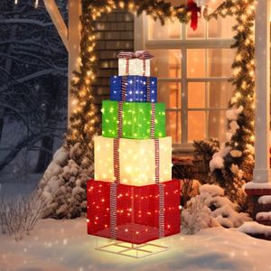 6FT Pre-Lit Pull-Up Gift Box Tower with 200 LED Warm White Lights Christmas Outdoor Christmas Lights with Ropes and Stakes - Product Image 4