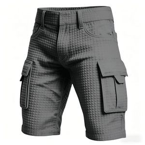 Men's Gray Solid Cargo Shorts Mid Waist Breathable Quick Dry Canvas Fabric Casual Bermuda with Pockets Elastic Waist - Product Image 5