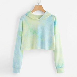 Women's Tie Dye Hooded Crop Top Full Sleeve Knitted Casual Spring Sweatshirt Breathable Cotton <b>Bamboo</b> Fiber - Product Image 1