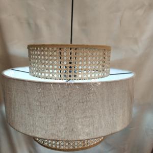 Luminaire suspendu moderne en cannage et lin de style bohème |   Abat-jour suspendu double couche en rotin naturel tressé |   Fibre de bambou décorative - Product Image 2