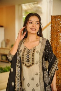 Traditional Indian <b>Pakistani</b> Women's <b>Black</b> Beige Embroidered Ankle-Length Cotton <b>Dress</b> Set Casual Wear All Seasons - Product Image 6