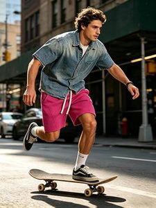 Pantalones Cortos Bermuda Rosa para Hombre con Cordón Ajustable y Bolsillos Laterales, Shorts Deportivos Casuales de Cintura Media, Material de Algodón Tejido - Product Image 3