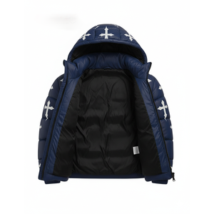 Nouvelle conception – Doudoune matelassée bleue à imprimé croix pour homme, avec capuche, manteau d'hiver bouffant, style streetwear, épais et chaud, personnalisable avec logo OEM - Product Image 3