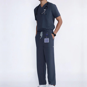 Unisex Dark Blue Canvas Scrub Set Cotton Polyester Hospital Uniform Pants with <b>ID</b> <b>Holder</b> and Stethoscope Hook Seamless Fusing - Product Image 1