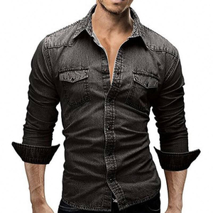 Men's Slim Fit Denim Shirt Long Sleeve Solid Color Turn-<b>down</b> Collar Casual Breathable Washable Full Sleeve Topstitch Design - Product Image 2