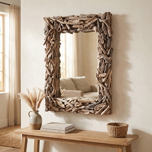 Miroir en bois de teck décoratif avec cadre mural en forme de branche, artisanat balinais haut de gamme, pour salle de bain de luxe - Product Image 4