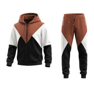 ชุดวอร์มบล็อกสีน้ำตาลสนิม-ดำสำหรับผู้ชาย เสื้อฮู้ดซิปและกางเกงจ็อกเกอร์ ชุดลำลองสำหรับออกกำลังกาย ฟิตเนส วิ่ง และสตรีทแวร์ - Product Image 1