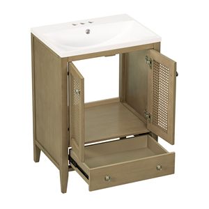 Mobile da Bagno con Struttura Solida da 24 Pollici, Lavabo in Ceramica e Armadietto in Rattan con Due Ante e Cassetto - Product Image 3
