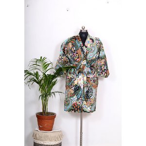 Bata de dormir vintage estilo kimono, cosida a mano, de seda, con patchwork Kantha, multicolor, con cinturón, abrigo de invierno para mujer - Product Image 5