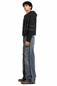 Mens Black Distressed Hooded <b>Jacket</b> Streetwear Zip Up Hoodie <b>Jacket</b> Frayed Edge Designer Outerwear <b>Slim</b> <b>Fit</b> Urban Fashion <b>Jacket</b> - Product Image 2