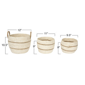 Lot de 3 paniers ronds en maïs beige et marron avec poignée en cuir, rangement tissé, décoration d'intérieur - Product Image 5