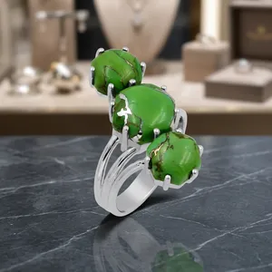 Bagues Gourik vert turquoise à trois pierres en argent 925, pierres précieuses naturelles, sertissage à griffes, bijoux cadeau, style bohème, pour usage quotidien - Product Image 6