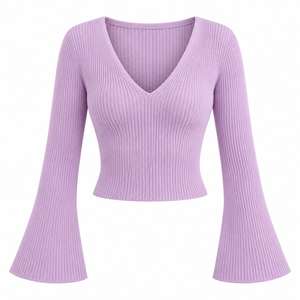 เสื้อถักครอปคอวีสีลาเวนเดอร์สำหรับผู้หญิง แขนยาวทรงกระดิ่ง ทรงเข้ารูป สวมใส่สบายๆ แฟชั่นฤดูใบไม้ร่วงและฤดูหนาว - Product Image 4