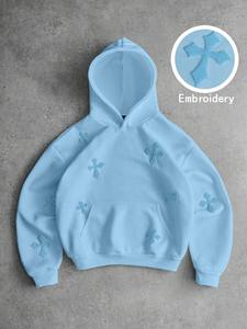 Light Blue Embossed Women's Oversized Hoodie Casual Soft Fleece Pullover Sweatshirt Daily Wear Winter Fashion Top Front - Product Image 3