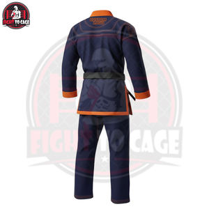 Bon Fournisseur – Tenue d'arts martiaux BJJ personnalisée, légère et respirante, avec imprimé contrastant bleu marine et bordure orange de sécurité - Product Image 2