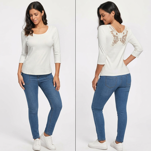 T-shirt moulant à manches trois-quarts en dentelle blanche pour femme, col rond, tricoté, décontracté, collection printemps-été - Product Image 2
