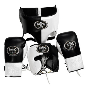Ensemble d'équipement de boxe sur mesure « No Boxing No Life » en similicuir blanc et bleu, comprenant des gants, un protège-tête et une protection inguinale, pour entraînement adulte. - Product Image 6