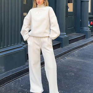 Custom Womens Tracksuit Set Blank Midweight <b>Stand</b> Collar Sweatshirt Wide Leg Pants Streetwear Lounge Wear Loose Winter Printed - Product Image 1