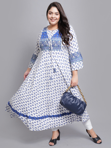 Vestido Anarkali de Viscosa Blanca con Estampado Floral, Mangas Largas, Cuello Redondo, Talla Grande, Informal, Festivo, al por Mayor para Mujer - Product Image 1