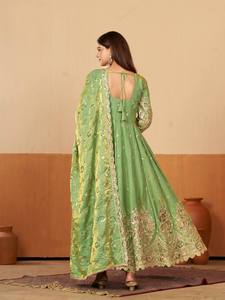Green Embroidered Silk Anarkali Suit With Dupatta Floor-Length Traditional Indian Pakistani Women's Wedding Wear for Womens - Product Image 2