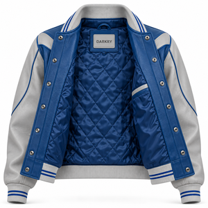 แจ็คเก็ตหนังแท้สีน้ำเงินกรมท่าสำหรับผู้หญิง แบบ Varsity  ตกแต่งด้วยเพชรที่ด้านหลัง  กระดุมแป๊กสองสี  เสื้อคลุมเบสบอล - Product Image 5