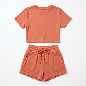 Women Ribbed Washed Mid Waist Two Piece Shorts Set Sleeveless <b>Crop</b> <b>Top</b> Drawstring Knee Shorts Casual Summer Outfit 100% Cotton - Product Image 2