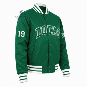 Chaqueta Universitaria Verde Satinada para Mujer Iota Phi Lambda con Botones a Presión, Letras Griegas Bordadas, Cuello y Puños de Punto a Rayas, Ropa Universitaria - Product Image 2