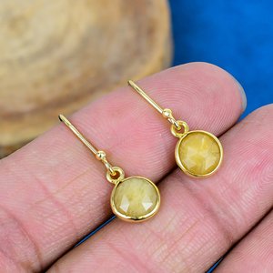 Natural Yellow Sapphire Round Shaped Gemstone Dangle <b>Handmade</b> <b>Earrings</b> 18k Micron Gold Over 925 Sterling Silver - Product Image 1
