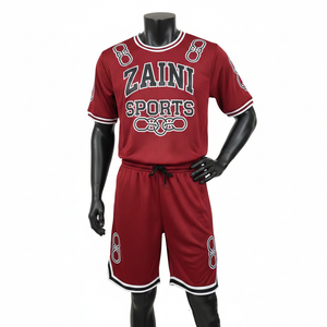 Conjunto de camiseta y pantalones cortos de baloncesto para hombre, de alta calidad, malla de poliéster GSM, tacto suave, color granate, para entrenamiento, con estampado por sublimación. - Product Image 1