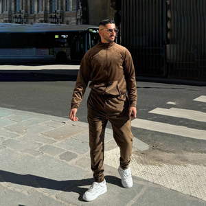 Ensemble de survêtement en velours marron pour homme, veste à col montant et pantalon de survêtement, tenue décontractée en deux pièces - Product Image 4