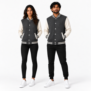 High Quality Unisex Gray Varsity Jacket Customized Colors <b>Covered</b> <b>Button</b> Closure Casual Style Regular Fit Polyester Cotton - Product Image 1