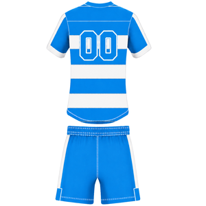 Ensemble uniforme de rugby bleu roi et blanc à manches courtes, maillot de rugby rayé à col ras du cou, short à cordon de serrage, performance athlétique, entraînement - Product Image 2