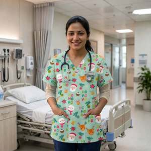 Women's Print <b>Scrub</b> <b>Top</b> Medical Uniform V-Neck Nurse <b>Scrub</b> <b>Top</b> Lightweight Breathable Hospital Doctor Workwear with Pocket - Product Image 1