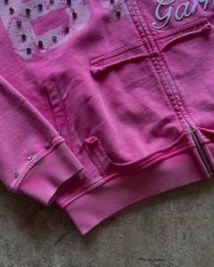 Sweat à capuche rose personnalisé avec fermeture éclair intégrale, orné de strass, en coton épais, brodé graphique, style streetwear vieilli pour homme - Product Image 6