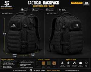 Sac à dos tactique SUPER FEEL 45L, résistant à l'eau, en polyester, système MOLLE, multifonction, unisexe, pour la randonnée, le camping et les voyages en plein air - Product Image 2