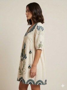 Robe d'été décontractée en coton tissé respirant, coupe ample, col en V, broderie florale bohème, manches courtes, style A-line - Product Image 1